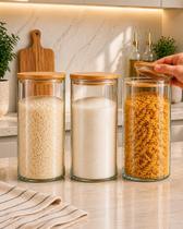 Pote De Vidro Hermético 1,2L Tampa Bambu Sleek Redondo Porta Alimentos Mantimentos Pote De Vidro Hermético 1,2L Tampa Bambu Sleek Redondo Porta Alimentos Mantimentos