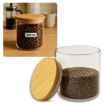 Pote de Vidro Hermético 500ml Tampa de Bambu Multiuso Café Temperos Grãos