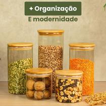 Pote de Vidro Hermético Transparente Kit 5 Potes Tampa Bambu