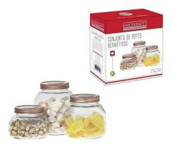 Pote de Vidro Kit 3 Peças Decorado Com tampa Baleiro Hauskraft