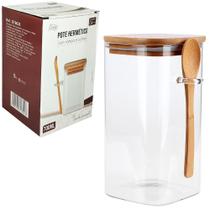 Pote de vidro liso quadrado com alca + colher e tampa hermetica madeira / bambu 700ml