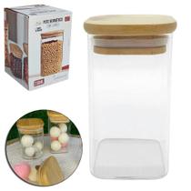 Pote de vidro liso quadrado com tampa hermetica de madeira / bambu 200ml - FU XING