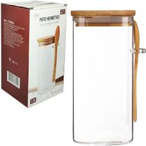 Pote de vidro liso redondo com alca + colher e tampa hermetica madeira / bambu 1,3l - FU XING Pote de vidro liso redondo com alca + colher e tampa hermetica madeira / bambu 1,3l - FU XING