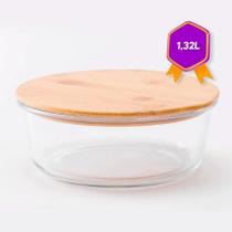 Pote de Vidro Redondo 1,32L com Tampa de Bambu Micro-ondas Forno Freezer Em Casa Tem Pote de Vidro Redondo 1,32L com Tampa de Bambu Micro-ondas Forno Freezer Em Casa Tem