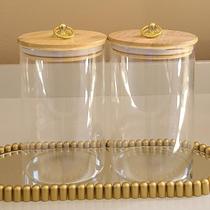 Pote de Vidro redondo argola Dourada Tampa Bambu Porta condimentos Resistente 850ml