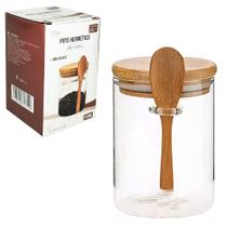 Pote de vidro redondo com tampa hermetica de madeira / bambu + colher 250ml - FU XING