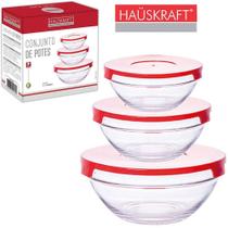 Pote de Vidro Redondo Com Tampa Vermelha Hauskraft 3 Peças