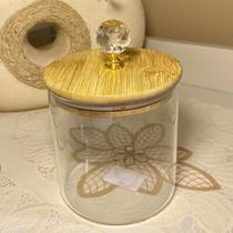 Pote de vidro redondo liso transparente com tampa de bambu e cristal 500ml tamanho P