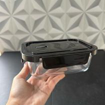 Pote de vidro retangular com tampa preta hermética e trava 640ml de cozinha geladeira marmita preto potinho alimentos