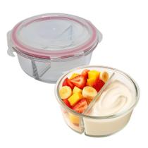 Pote De Vidro Tampa Hermético Redondo Com Divisória Marmita Fit 4 Travas 390ml