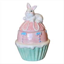 Pote Decorado Coelho Cupcake c/ Tampa Rosa Candy Páscoa 18cm