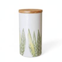 Pote Decorado Hermético Cerâmica Folhas Tampa em Bambú Macarrão Massas Cozinha 20cm Pote Decorado Hermético Cerâmica Folhas Tampa em Bambú Macarrão Massas Cozinha 20cm