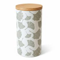 Pote Decorado Hermético Cerâmica Folhas Tampa em Bambú Macarrão Massas Cozinha 21cm Pote Decorado Hermético Cerâmica Folhas Tampa em Bambú Macarrão Massas Cozinha 21cm