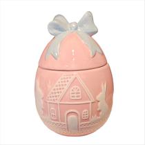 Pote Decorado Ovo Rosa Casinha do Coelho Laço Verde Bombom Balinha Páscoa 20cm