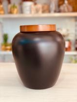 Pote decorativo cerâmica preto com tampa madeira - Ceramica fina decor