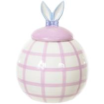 Pote decorativo de cerâmica com tampa Orelhas de Coelho de Páscoa lilás com azul 16x12,2