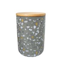 Pote Decorativo Porcelana Confete Granulado Cinza com Tampa Bambu 13cm - Home Design