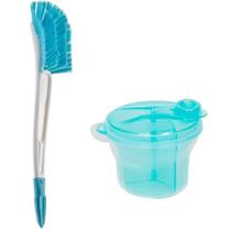 Pote Dosador Leite + Escova Mamadeiras Com Limpador Bicos Azul Buba