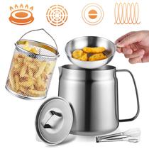 Pote Filtro de Óleo em Aço Inoxidável 68oz, Multifuncional 2 em 1 com Peneira para Camping, Grande Capacidade para Guardar Gordura de Bacon, Recipiente para Óleo de Cozinha, Mini Fritadeira com Cesto