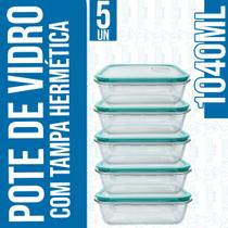 Pote Hermetico 1040Ml Retangular Para Alimentos Vidro Temperado Anti Vazamento 4 Travas Kit com 5