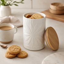 Pote Hermético Cerâmica Branco Floral Tampa Bambu Médio Pote Hermético Cerâmica Branco Floral Tampa Bambu Médio