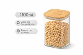 Pote Hermético de Vidro Borossilicato 1100ml Quadrado com Tampa de Bambu Porta Mantimentos para Cozinha