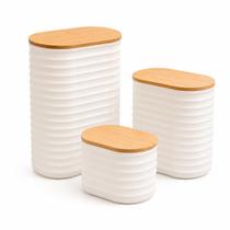 Pote Hermético Plástico Branco Canelado com Tampa de Bambu Porta Mantimentos Café Açúcar Grãos Pote Hermético Plástico Branco Canelado com Tampa de Bambu Porta Mantimentos Café Açúcar Grãos