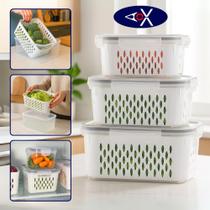 Pote Hermético Plástico com Cesto Interno Removível e Tampa Vedação para Geladeira Kit 3 Peças