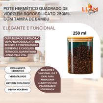Pote Hermético Quadrado de Vidro em Borossilicato 250ml com Tampa de Bambu
