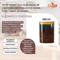 Pote Hermético Quadrado de Vidro em Borossilicato 550ml com Tampa de Bambu