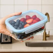 Pote Hermético Vidro 370ml Retangular Tampa Silicone Azul Freezer Micro-ondas Lava-louças Marmita Co
