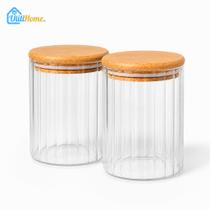 Pote Hermético Vidro 550ml Redondo Listrado Tampa Bambu com Vedação