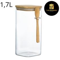 Pote Hermético Vidro Borossilicato com Colher e Tampa Bambu Quadrado Liege 1,7L Hauksraft