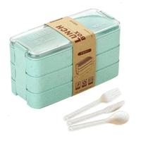 Pote Marmita 900ml 3 Camadas Com Talheres Verde Lunch Box Lancheira Fitness Trabalho Escola Almoço
