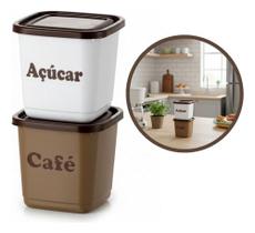 Pote Organizador Café Açúcar 1100ml Tampa Quadrado Conjunto Marrom-claro Pote Organizador Café Açúcar 1100ml Tampa Quadrado Conjunto Marrom-claro