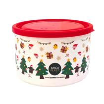 Pote Organizador Porta Alimentos Redondo Branco Decorado com Tampa Natalino Boas Festas Ano Novo Arcaplast Decoração