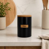 Pote Porta Chá Tea Cerâmica Preto com Tampa Bambu Hermético