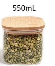 Pote Porta Mantimentos de Vidro quadrado com Tampa de Bambu 550ml