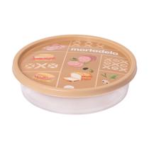 Pote porta mortadela redondo de plástico para frios geladeira decorado - Plasútil Pote porta mortadela redondo de plástico para frios geladeira decorado - Plasútil