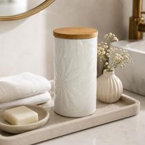 Pote Potiche Branco Floral Hermético Cerâmica Bambu Grande Pote Potiche Branco Floral Hermético Cerâmica Bambu Grande
