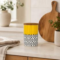 Pote Potiche Cerâmica Bambu Amarelo Branco Hermético Médio Pote Potiche Cerâmica Bambu Amarelo Branco Hermético Médio