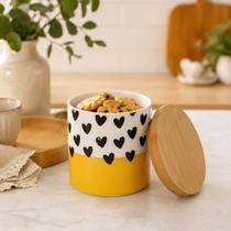 Pote Potiche Cerâmica Corações Preto Amarelo Bambu Pequeno Pote Potiche Cerâmica Corações Preto Amarelo Bambu Pequeno