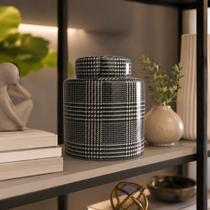 Pote Potiche Vaso Porcelana Xadrez Preto Branco Decorativo