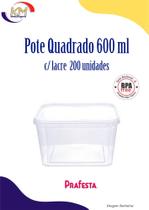 Pote quadrado auto lacre 600 ml c/100 unid. - Prafesta - embalagem alimento, delivery (16001)