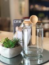 Pote quadrado de vidro com tampa de rolha e colher de bambu 650ml