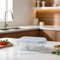 Pote Retangular Hermético Vidro Divisória Marmita Microondas Fitness Marmitinhas Casa Utensílio Doméstico Cozinha Organizador Alimentos 1520ml