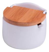 Pote Saleiro De Mesa Porcelana Com Tampa Bambu + Colher Lyor