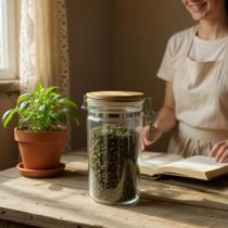 Pote vidro borossilicato tampa de bambu hermético trava inox