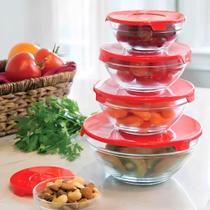 Pote Vidro Conjunto 5 Peças Tigela de Vidro Tampa Plástica Fechamento Hermético Vasilha Conserva Armazena Alimento Tempero Guarda