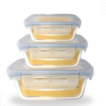 Pote vidro hermetica retangular travas marmita kit 3 peças